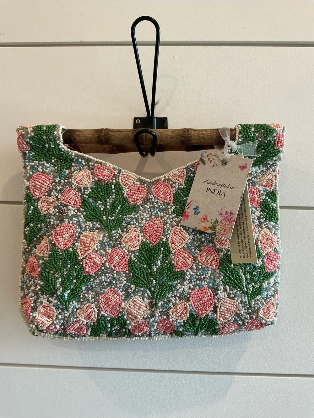 VIRAL Beaded Floral Pink & Green Clutch with Bamboo handles